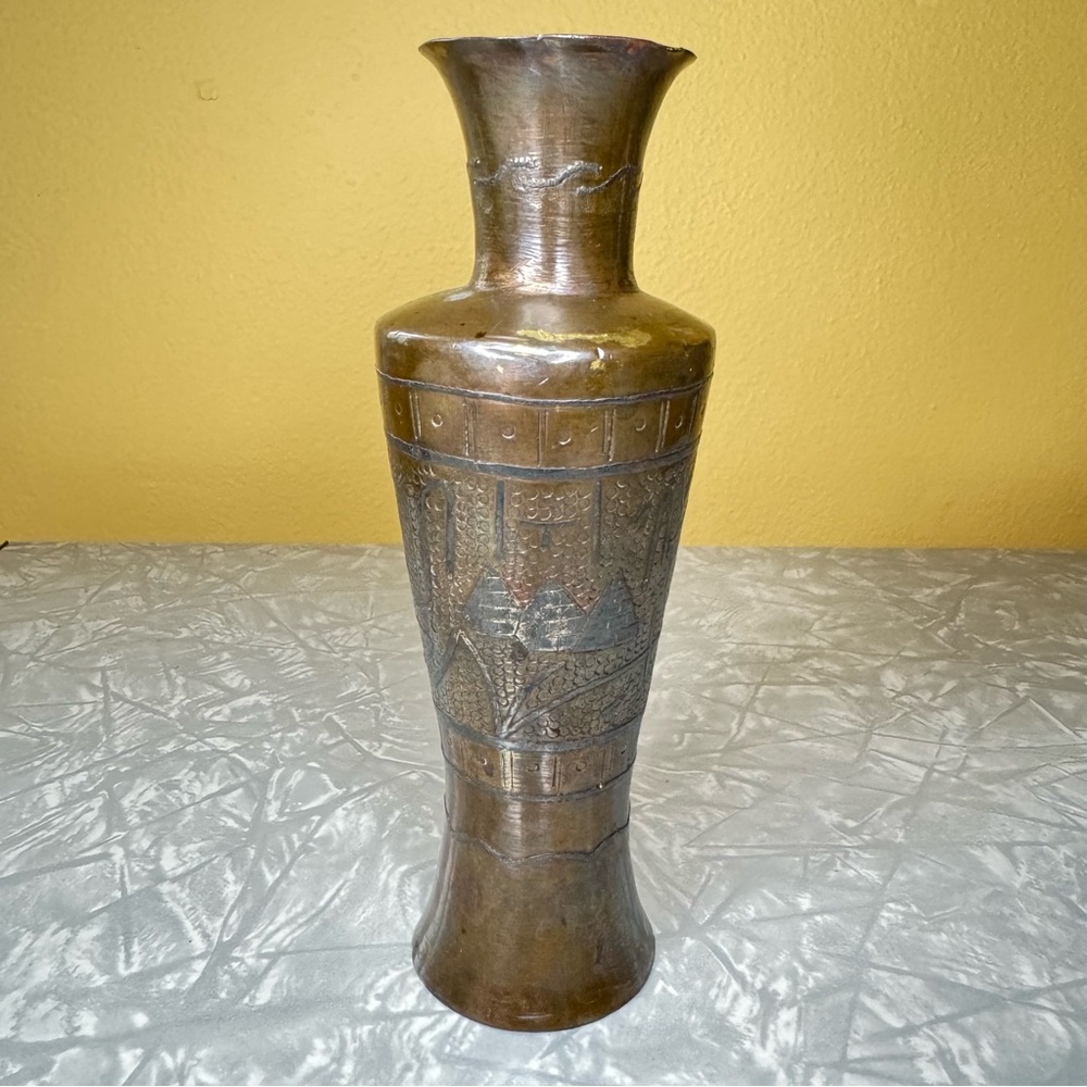 Antique Bronze & Silver Egyptian Revival Cairoware Decorative Mamluk Vase